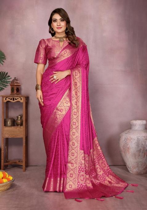 Pink Zari Weaving Silk Saree Set