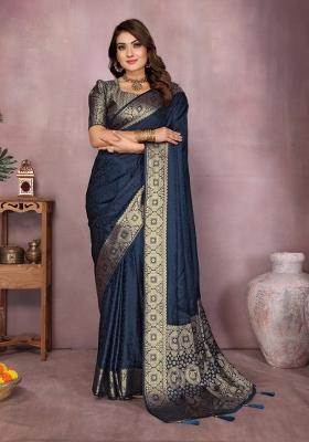 Navy Zari Weaving Silk Saree Set