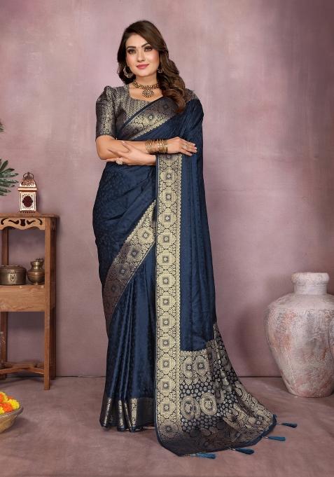 Navy Zari Weaving Silk Saree Set