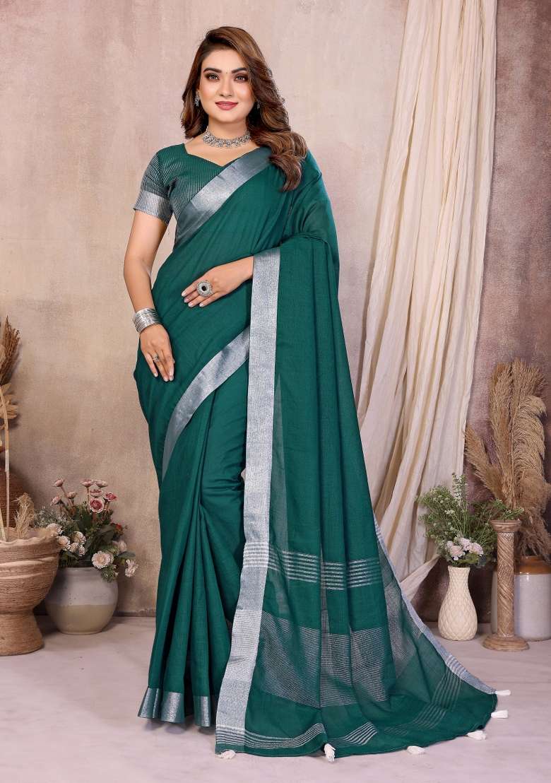 Green Solid Cotton Saree Set - Indya