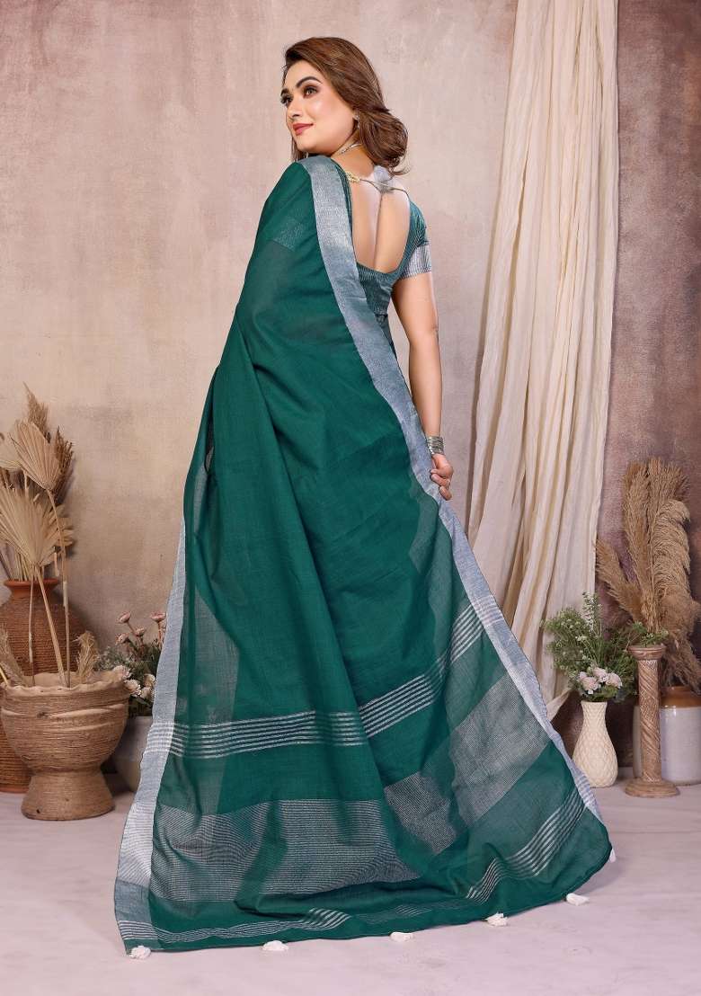 Green Solid Cotton Saree Set - Indya