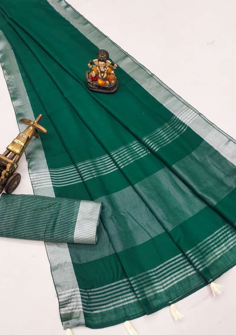 Green Solid Cotton Saree Set - Indya