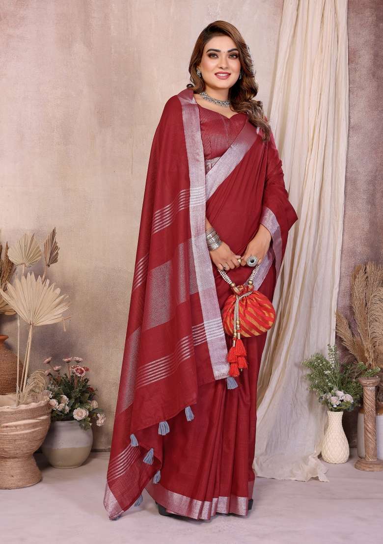 Brown Solid Cotton Saree Set - Indya