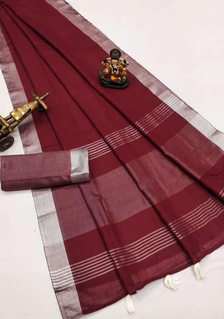Brown Solid Cotton Saree Set - Indya