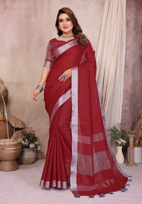 Brown Solid Cotton Saree Set