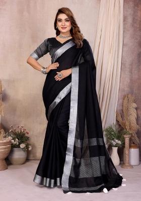 Black Solid Cotton Saree Set