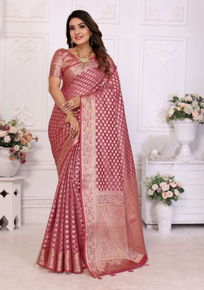 Pink Embroidery Silk Saree Set - Indya