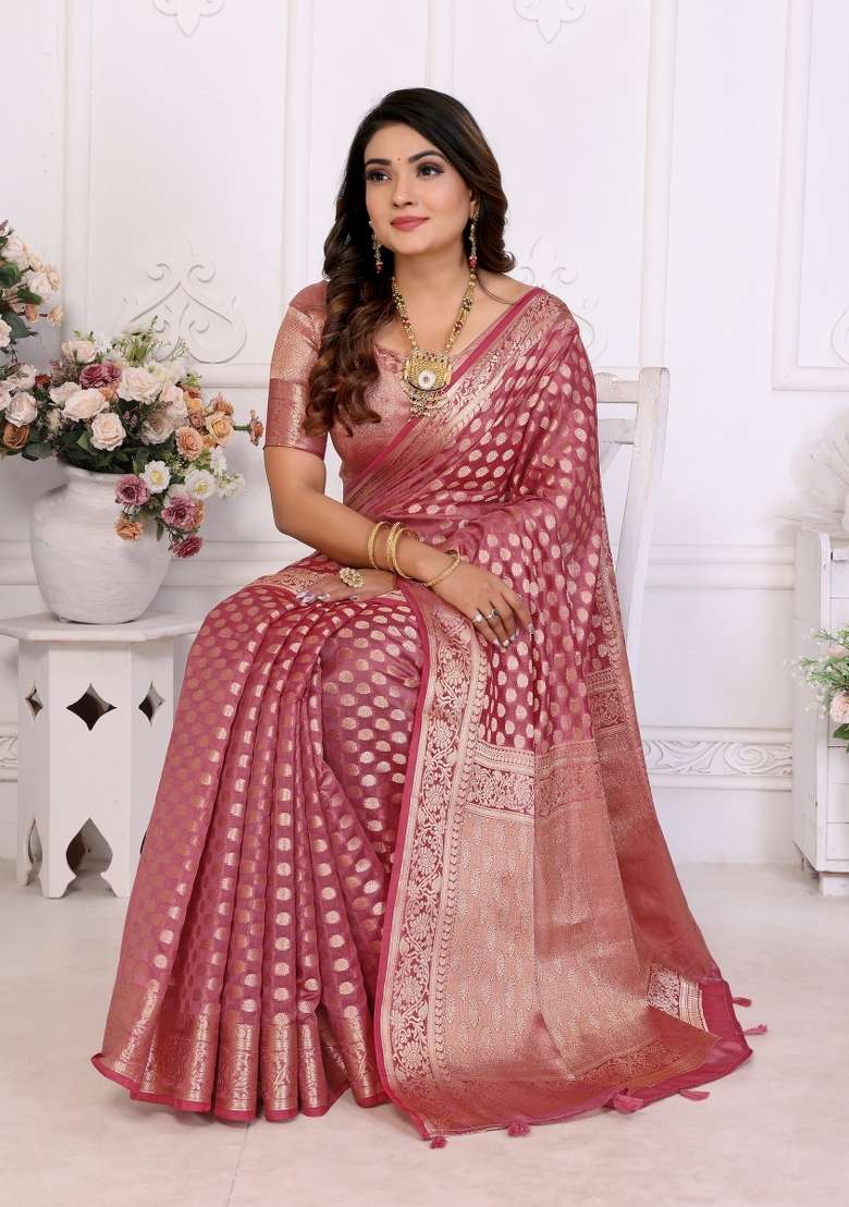 Pink Embroidery Silk Saree Set - Indya