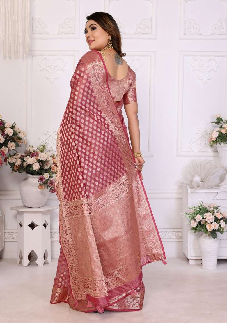 Pink Embroidery Silk Saree Set - Indya