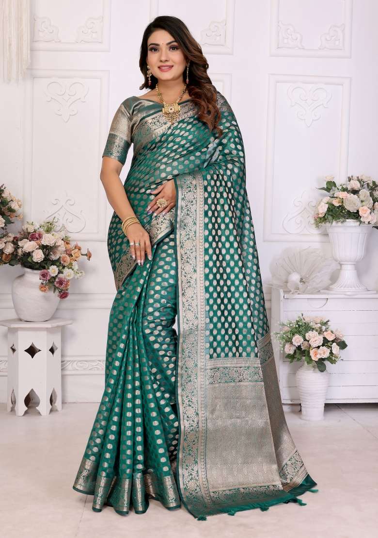 Green Embroidery Silk Saree Set - Indya