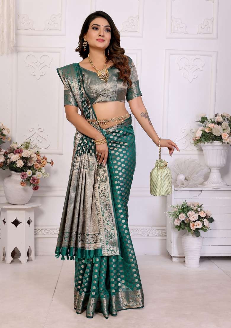 Green Embroidery Silk Saree Set - Indya