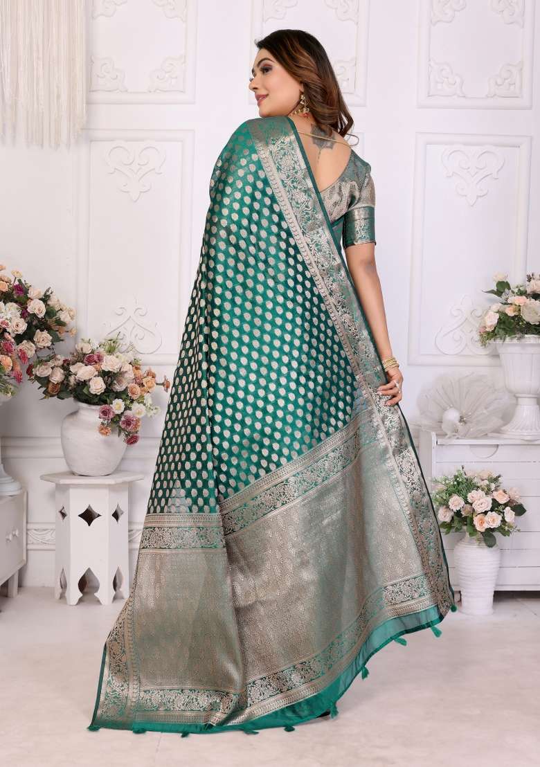 Green Embroidery Silk Saree Set - Indya