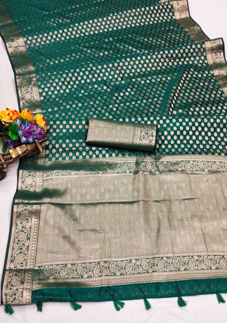 Green Embroidery Silk Saree Set - Indya