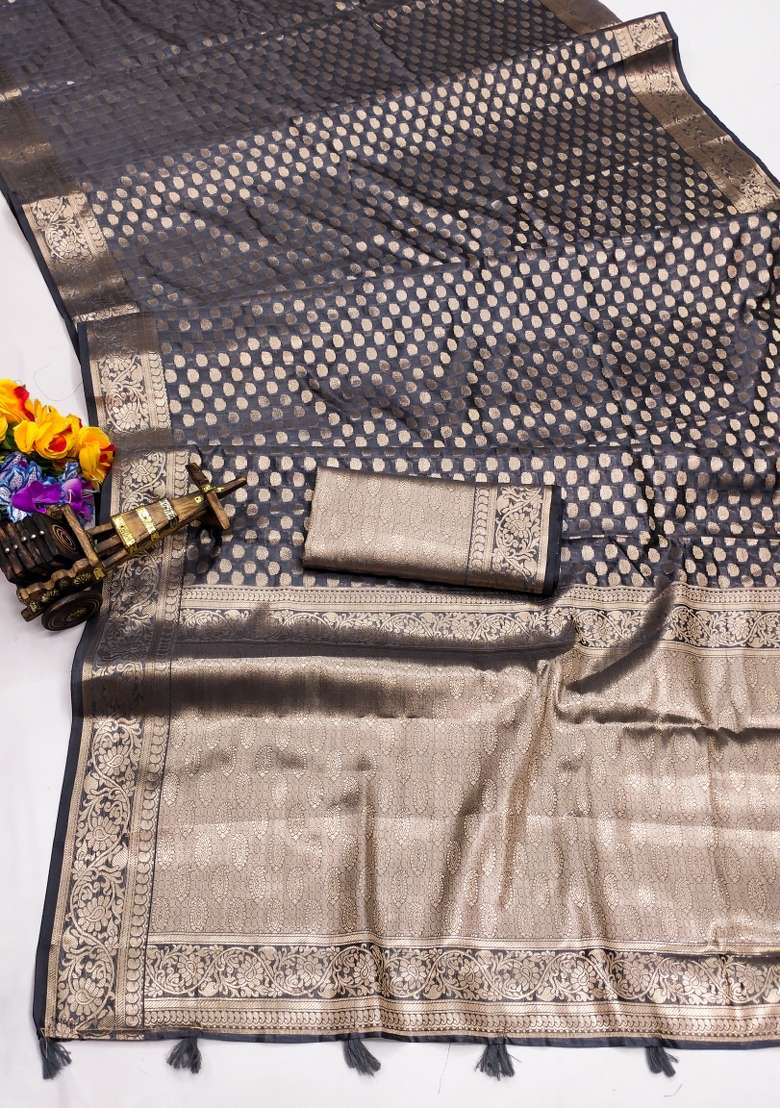 Black Embroidery Silk Saree Set - Indya