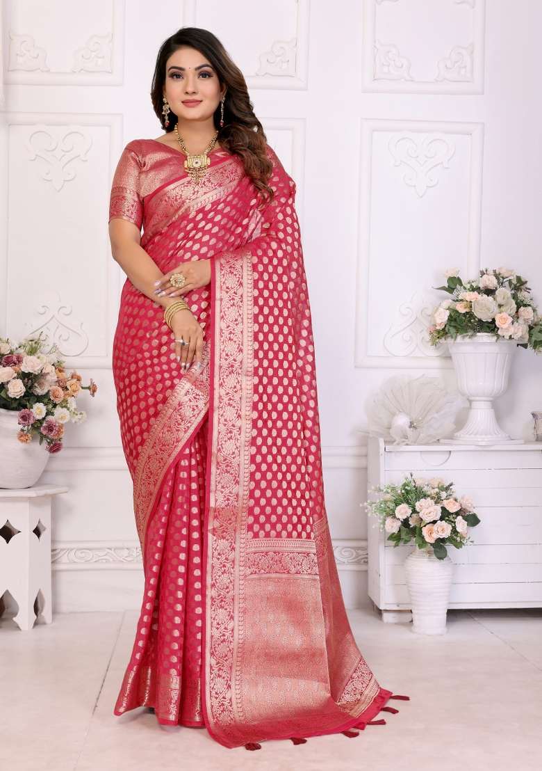 Red Embroidery Silk Saree Set - Indya