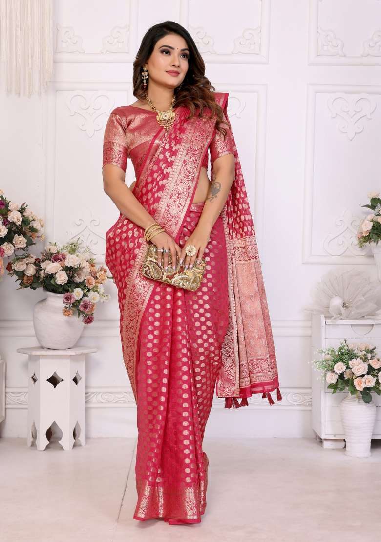 Red Embroidery Silk Saree Set - Indya