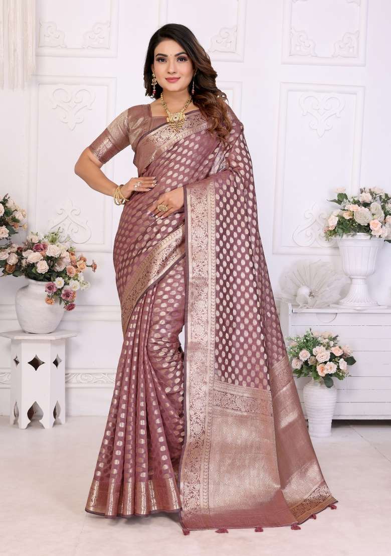 Wine Embroidery Silk Saree Set - Indya