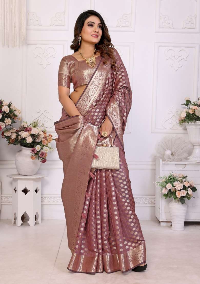 Wine Embroidery Silk Saree Set - Indya