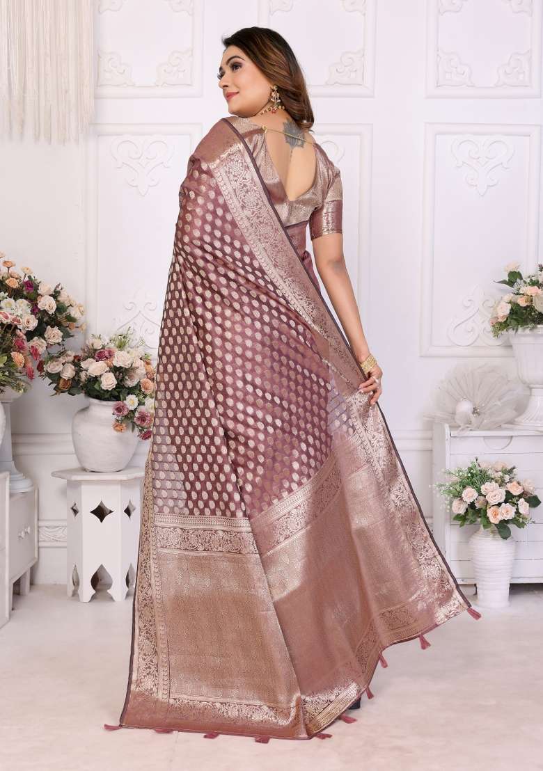 Wine Embroidery Silk Saree Set - Indya
