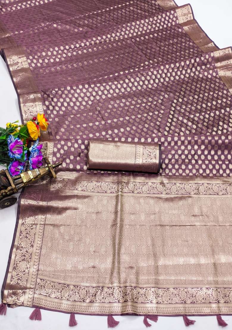 Wine Embroidery Silk Saree Set - Indya