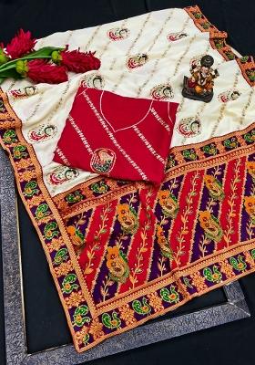 White Embroidery Silk Saree Set