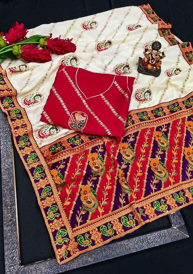 White Embroidery Silk Saree Set - Indya