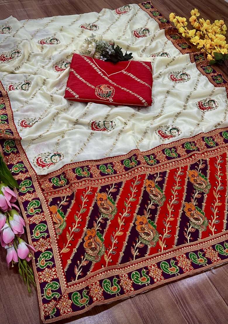 White Embroidery Silk Saree Set - Indya
