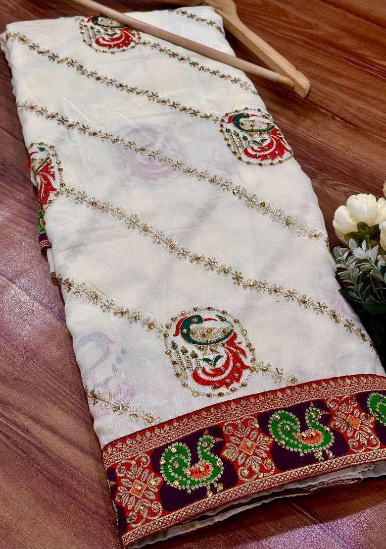 White Embroidery Silk Saree Set - Indya