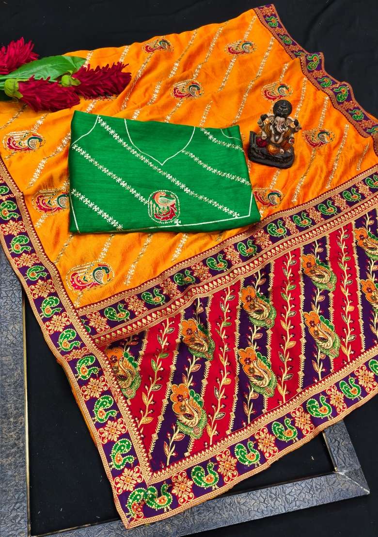 Yellow Embroidery Silk Saree Set - Indya