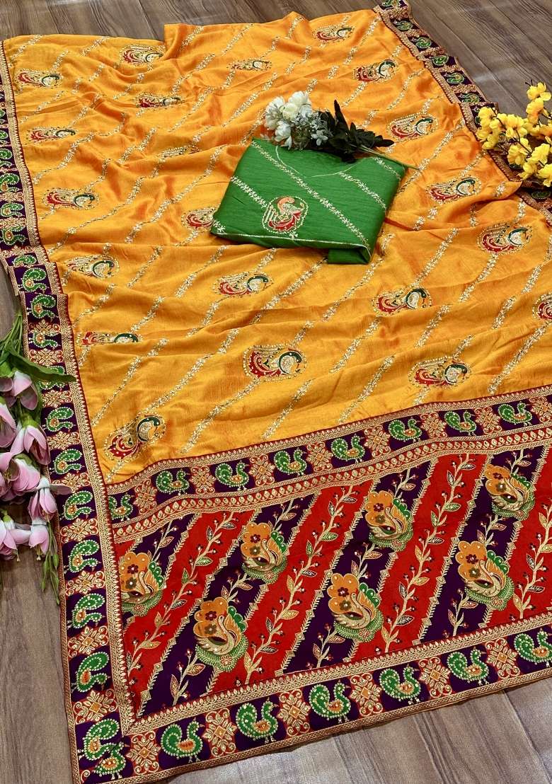Yellow Embroidery Silk Saree Set - Indya