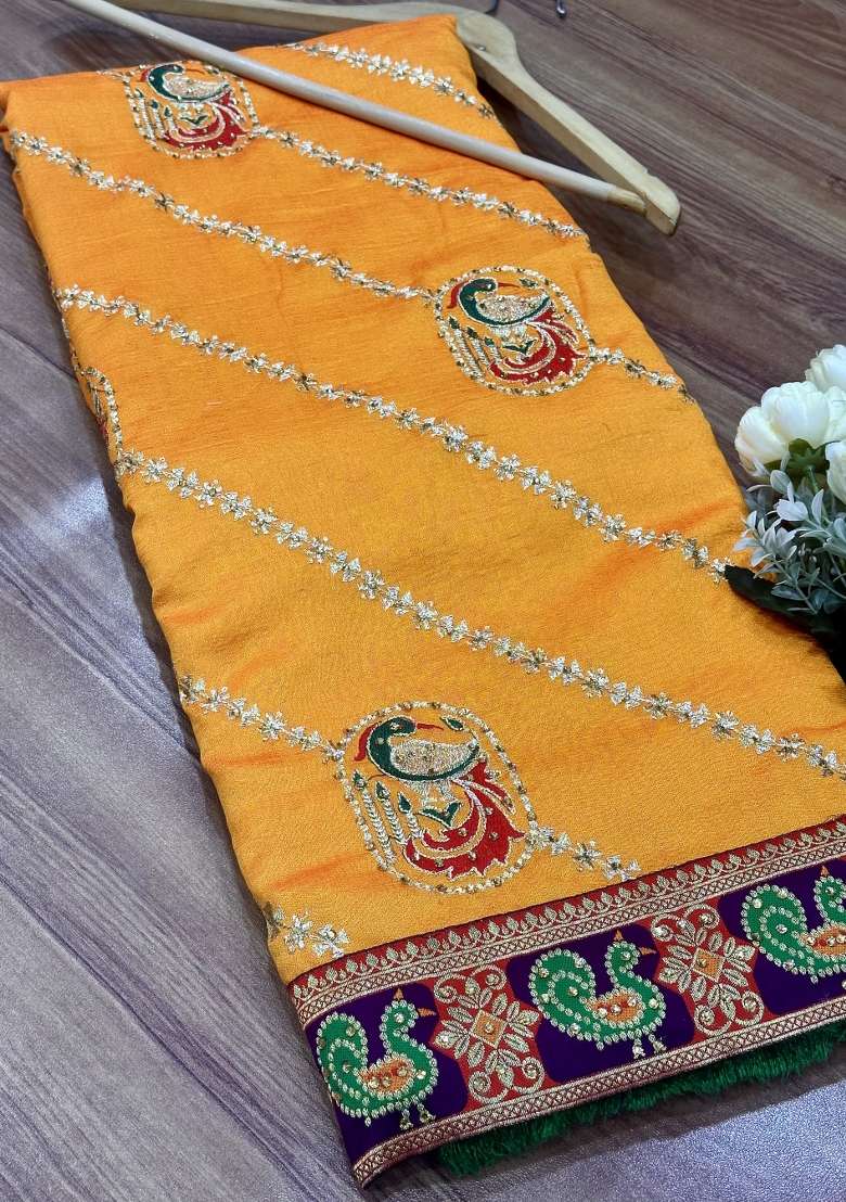 Yellow Embroidery Silk Saree Set - Indya