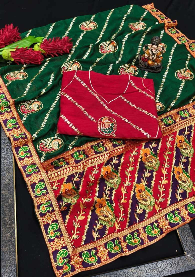 Green Embroidery Silk Saree Set - Indya