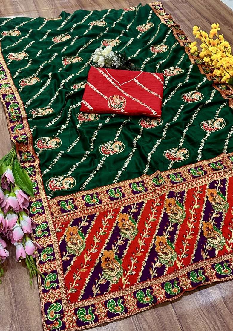 Green Embroidery Silk Saree Set - Indya