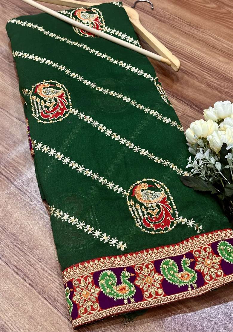 Green Embroidery Silk Saree Set - Indya