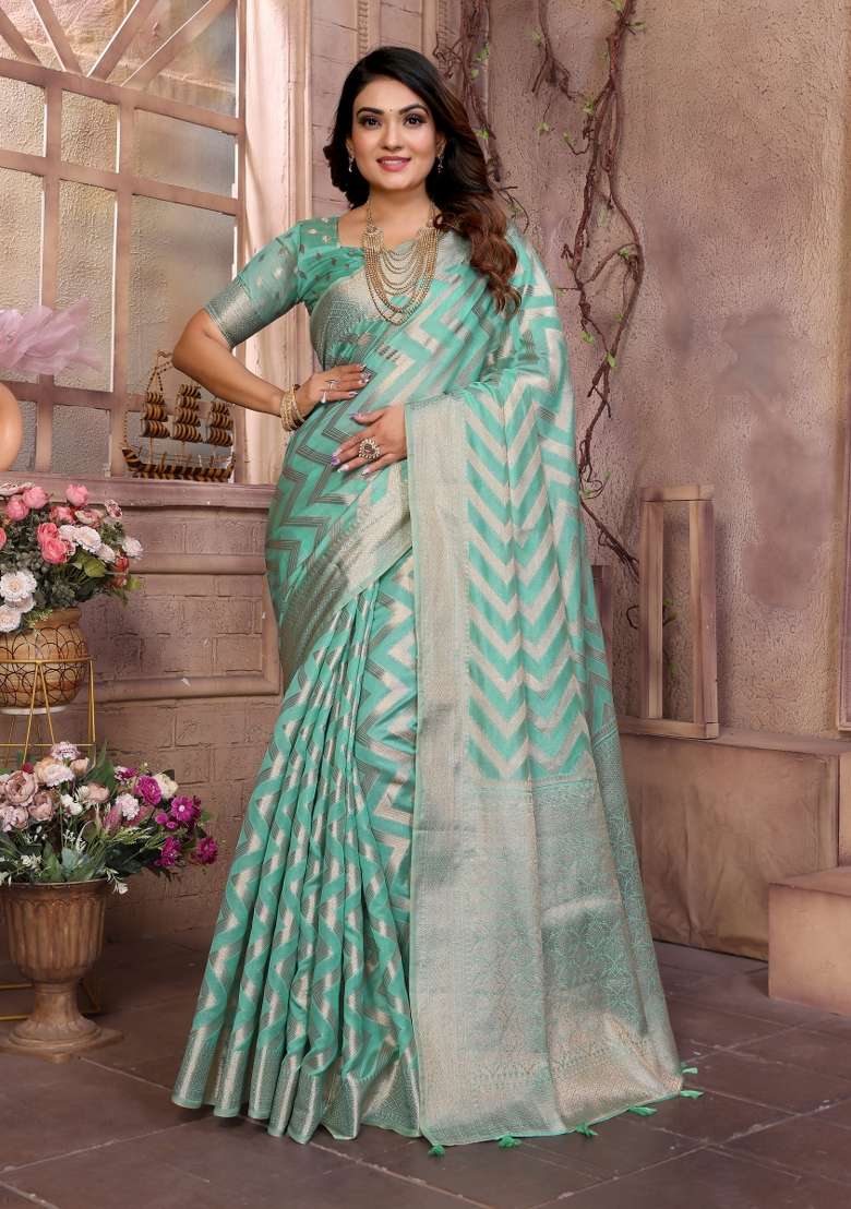 Sky Blue Embroidery Silk Saree Set - Indya