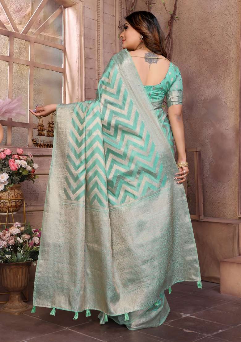 Sky Blue Embroidery Silk Saree Set - Indya