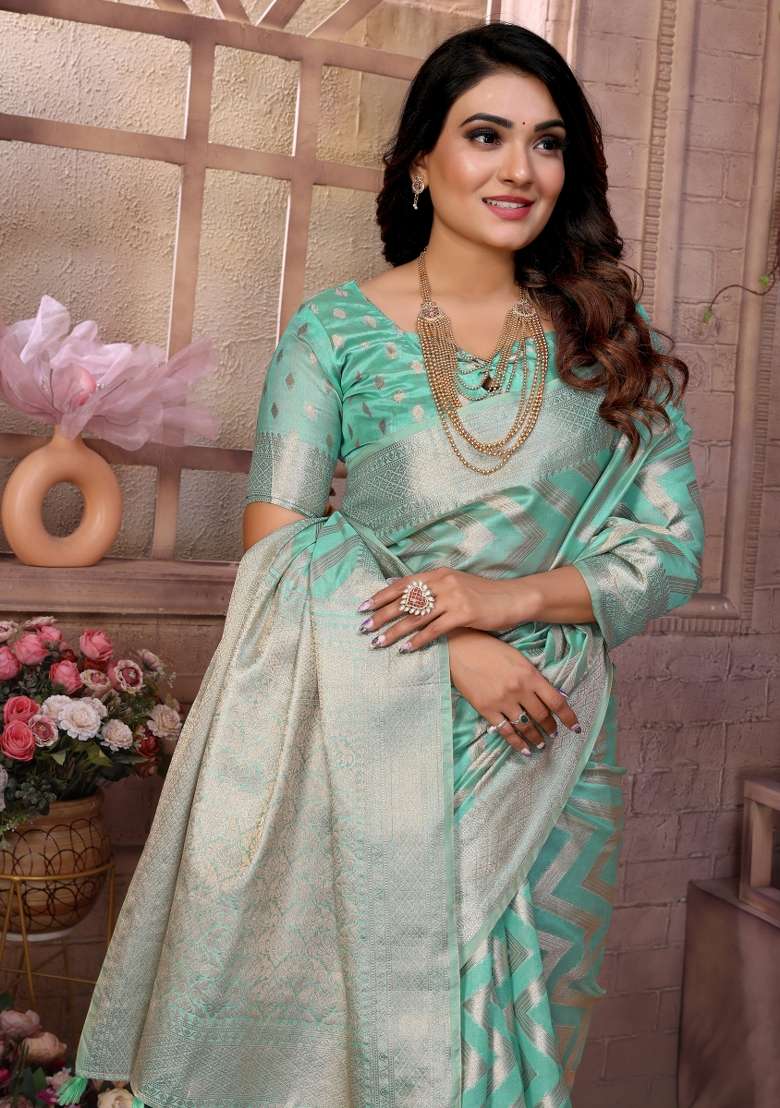 Sky Blue Embroidery Silk Saree Set - Indya