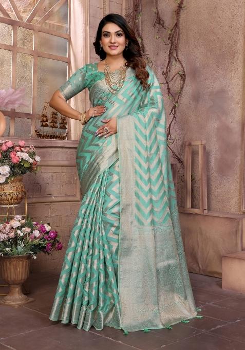 Sky Blue Embroidery Silk Saree Set