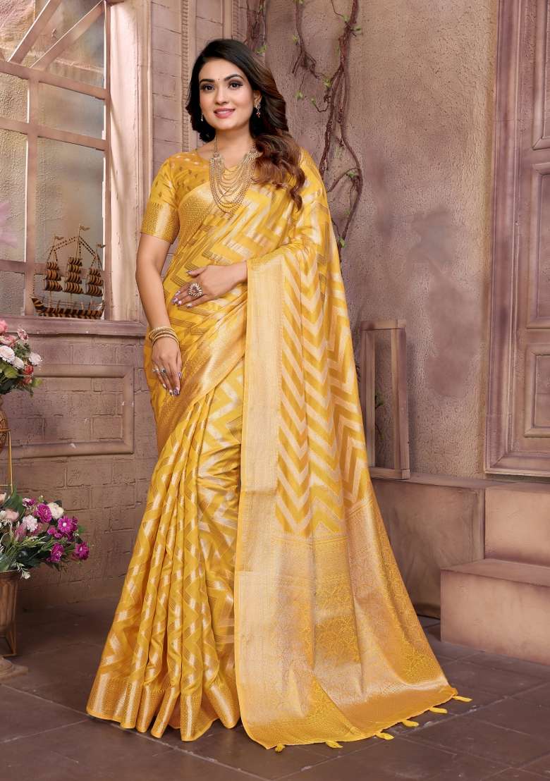 Yellow Embroidery Silk Saree Set - Indya