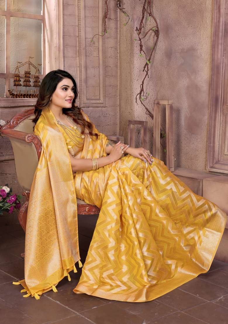 Yellow Embroidery Silk Saree Set - Indya