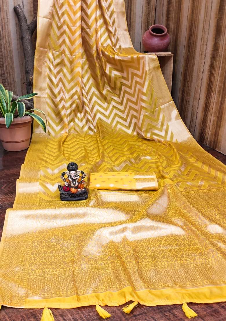 Yellow Embroidery Silk Saree Set - Indya