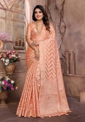 Peach Embroidery Silk Saree Set