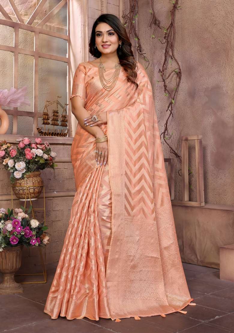 Peach Embroidery Silk Saree Set - Indya