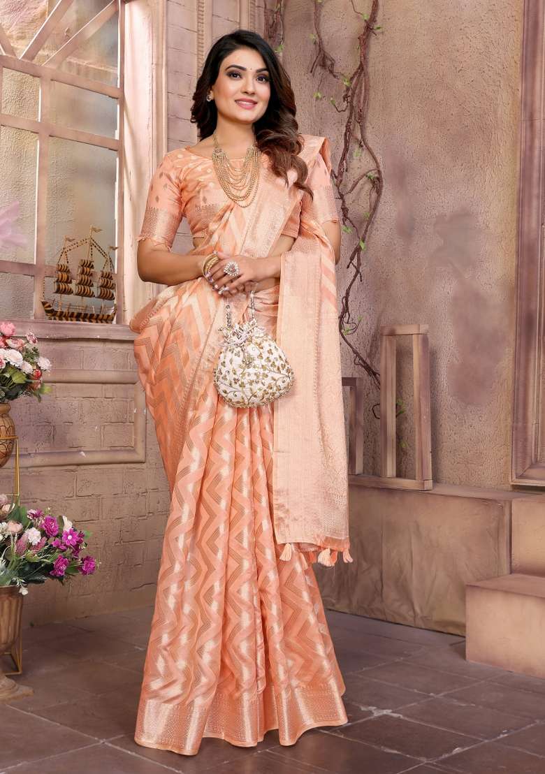 Peach Embroidery Silk Saree Set - Indya