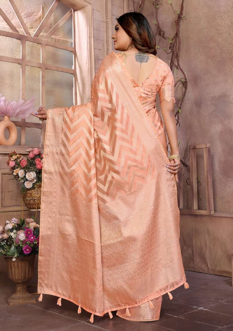 Peach Embroidery Silk Saree Set - Indya