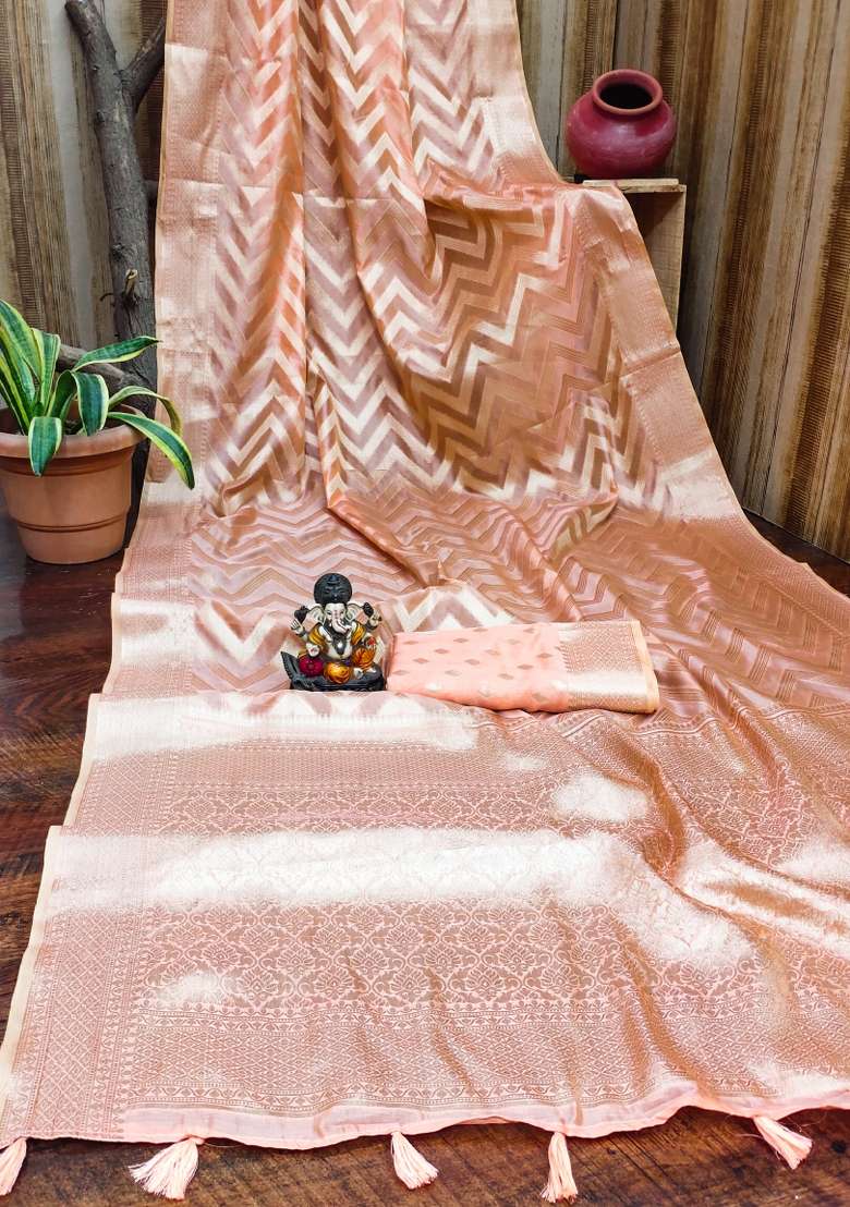 Peach Embroidery Silk Saree Set - Indya