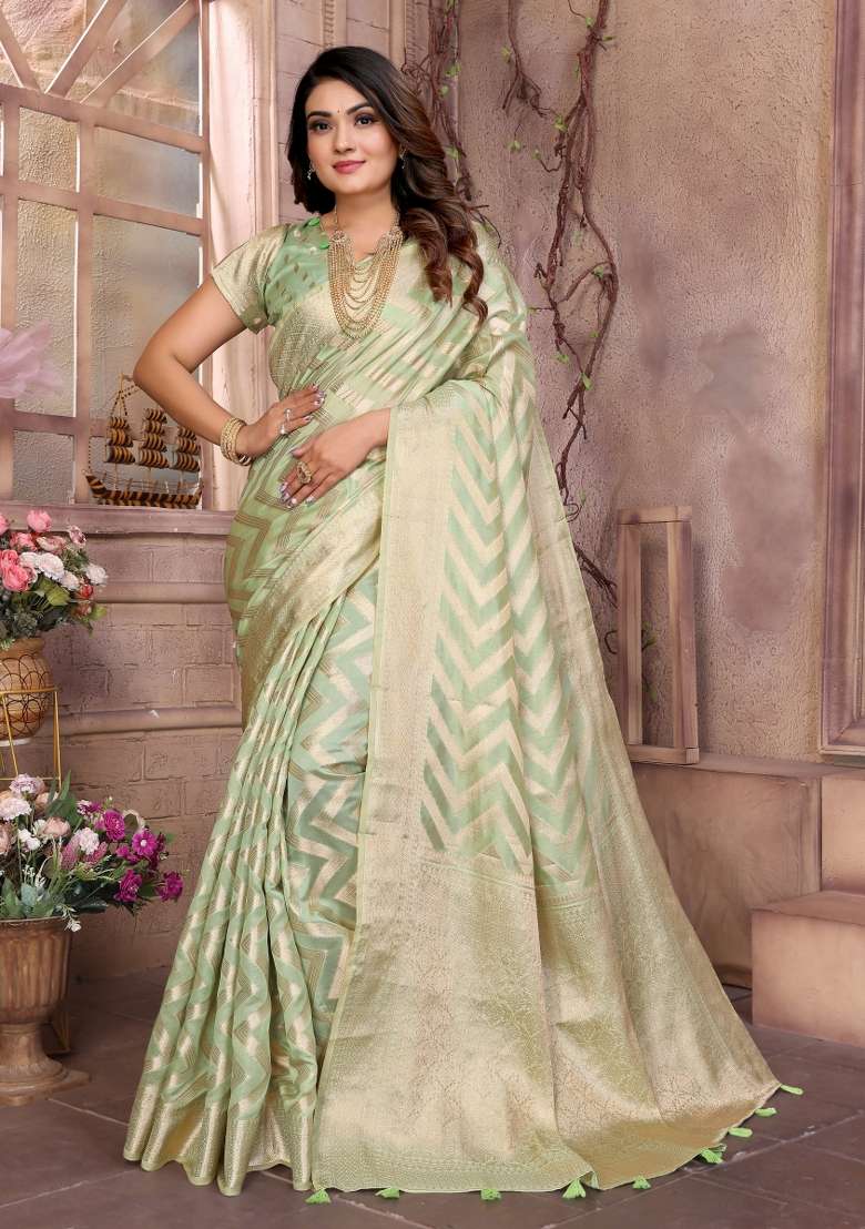 Green Embroidery Silk Saree Set - Indya