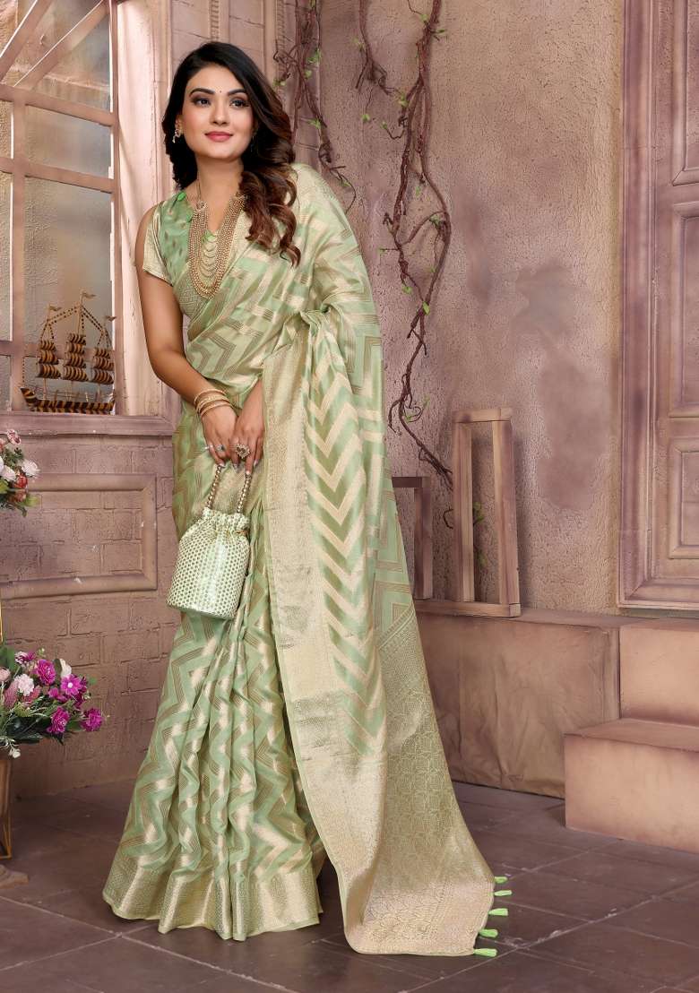 Green Embroidery Silk Saree Set - Indya