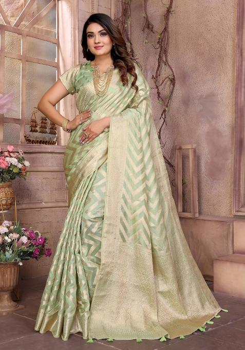 Green Embroidery Silk Saree Set