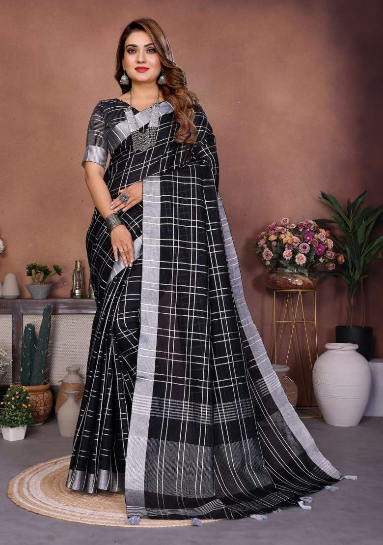 Black Weaving Linen Saree Set - Indya